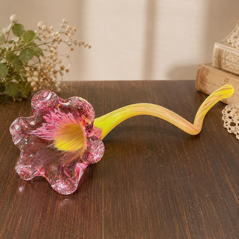 Vintage Hand Blown Art Glass Pink Calla Lily Flower Sculpture Murano Style 12"